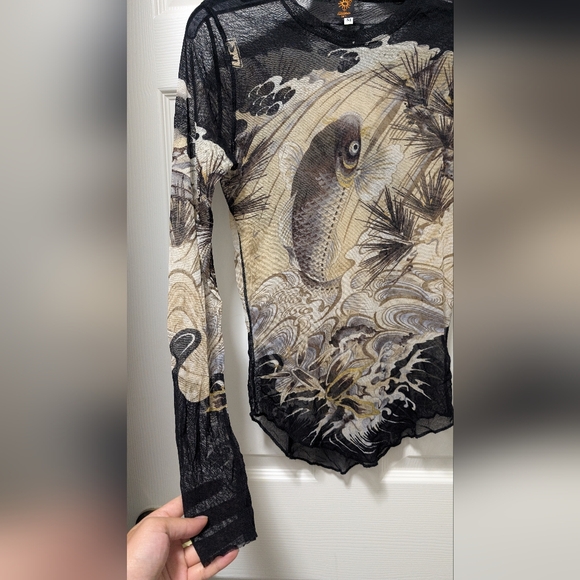 Jean Paul Gaultier Soleil 90s Japanese Tattoo Koi Fish Long Sleeve Mesh Shirt M - Picture 6 of 8